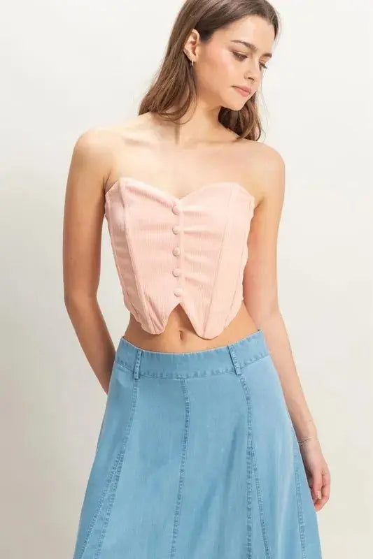 HYFVE Buttoned Front Strapless Knit Bustier Top for Women - Love Salve