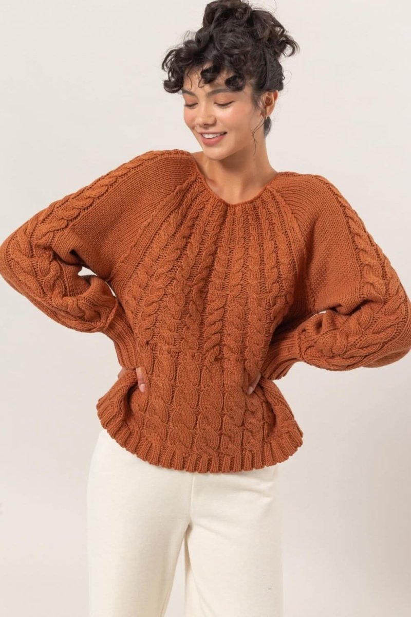 HYFVE Cable-Knit Round Neck Raglan Sleeve Sweater - Love Salve