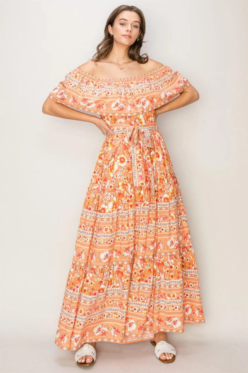 HYFVE Floral Off-Shoulder Tie Front Maxi Dress for Women - Love Salve