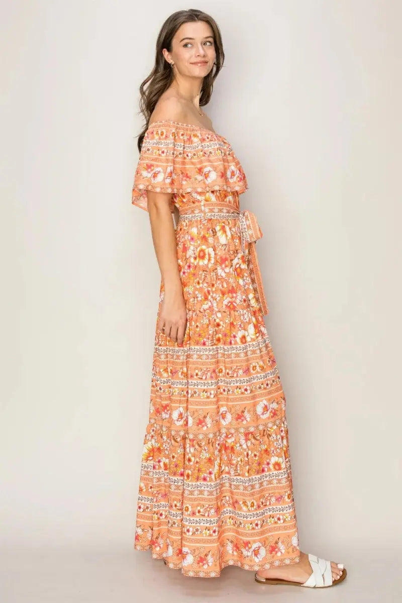 HYFVE Floral Off-Shoulder Tie Front Maxi Dress for Women - Love Salve