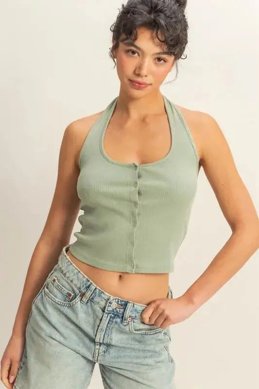HYFVE Halter Neck Buttoned Washed Top for Casual Style - Love Salve