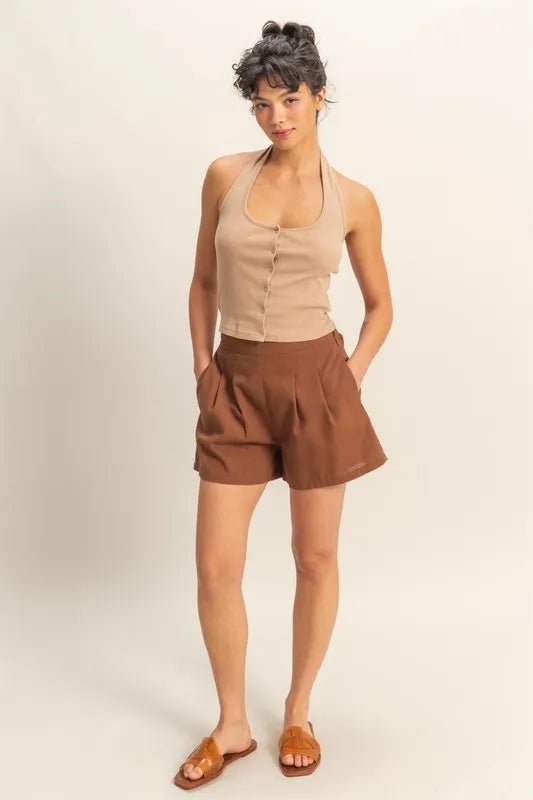 HYFVE Halter Neck Buttoned Washed Top for Casual Style - Love Salve