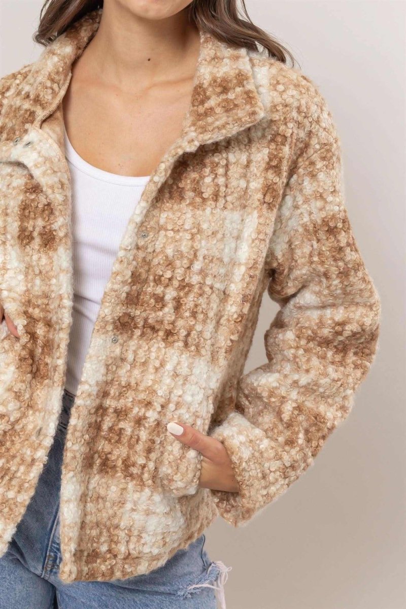 HYFVE Plaid Collared Neck Boucle Jacket with Pockets - Love Salve