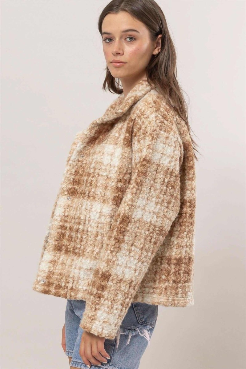 HYFVE Plaid Collared Neck Boucle Jacket with Pockets - Love Salve