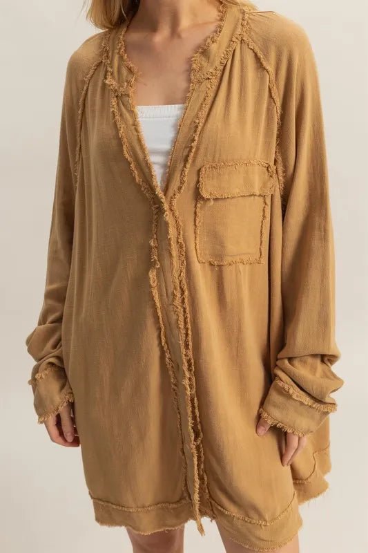 HYFVE Raw Edge Button Down Raglan Sleeve Shirt for Women - Love Salve