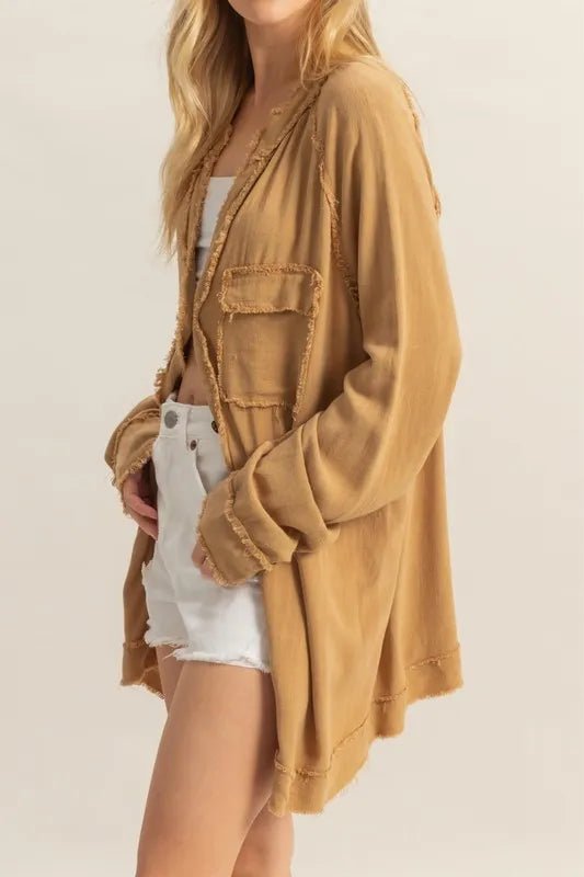 HYFVE Raw Edge Button Down Raglan Sleeve Shirt for Women - Love Salve