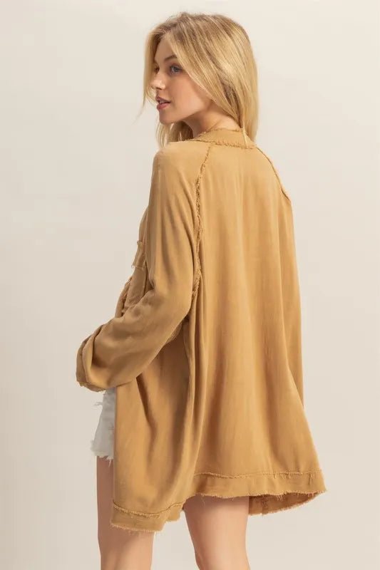 HYFVE Raw Edge Button Down Raglan Sleeve Shirt for Women - Love Salve