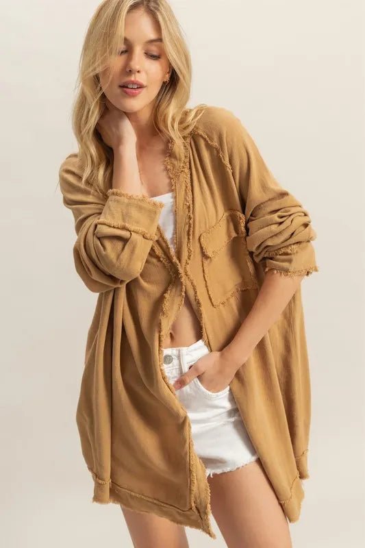 HYFVE Raw Edge Button Down Raglan Sleeve Shirt for Women - Love Salve