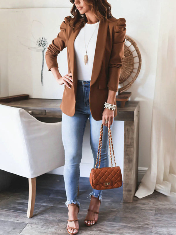 Women's Casual Commuting Long-Sleeved Shoulder Pad Puff Sleeve Slim Suit