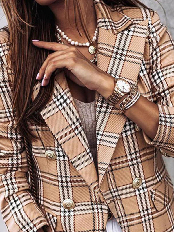 Long-Sleeved Double-Breasted Plaid-Print Blazer for Women