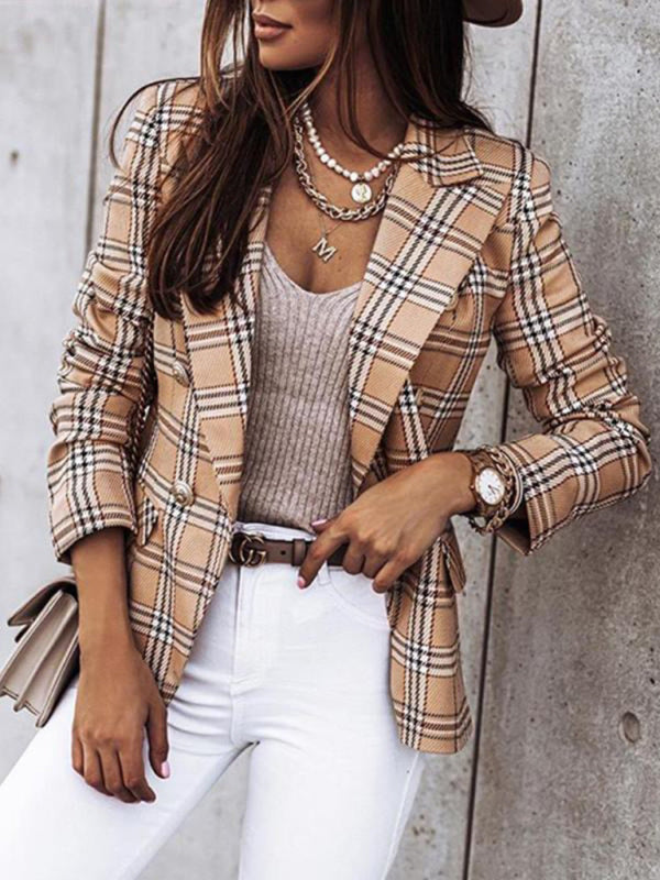 Long-Sleeved Double-Breasted Plaid-Print Blazer for Women