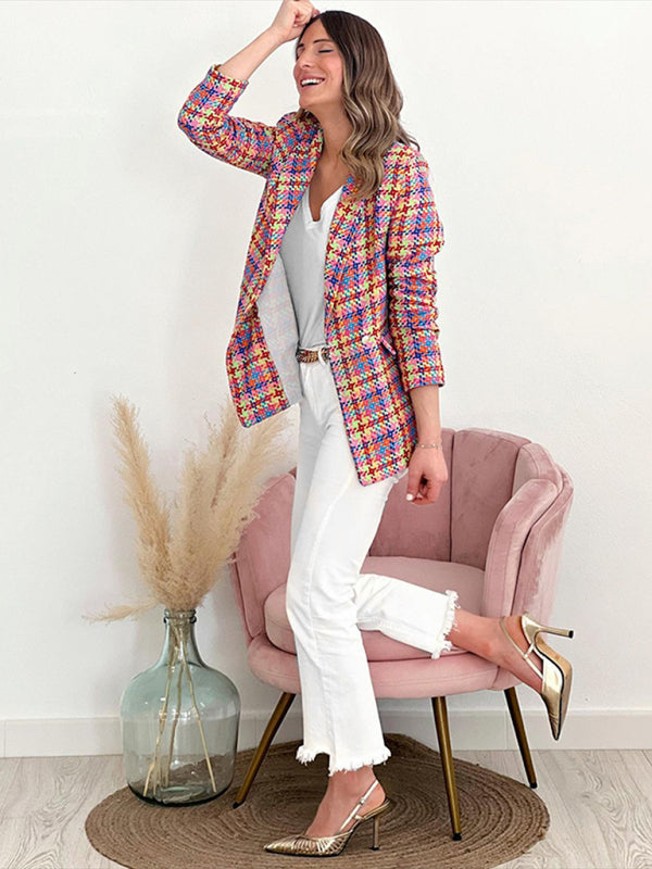 New Long Sleeve Pocket Printed Plaid Slim Fit Jacket