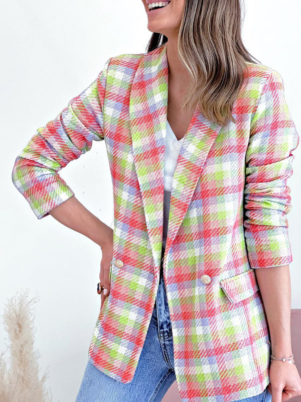 New Long Sleeve Pocket Printed Plaid Slim Fit Jacket