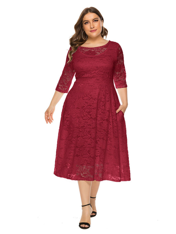 Plus Size Women's New Evening Dress Lace Pocket Bridesmaid Dress
