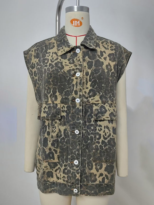Washed Denim New Loose Leopard Print Vest Waistcoat Women