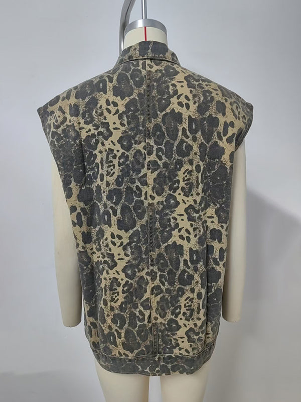 Washed Denim New Loose Leopard Print Vest Waistcoat Women