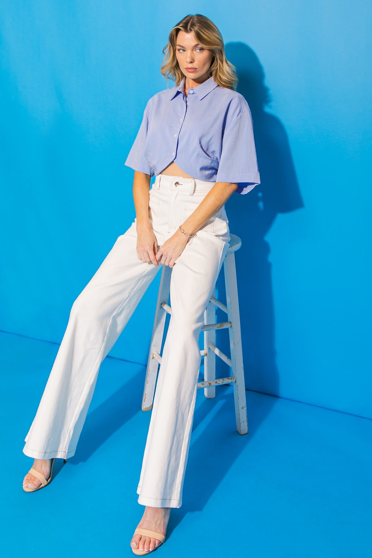 Made You Look Woven Button Down Shirt Short Sleeve Cropped