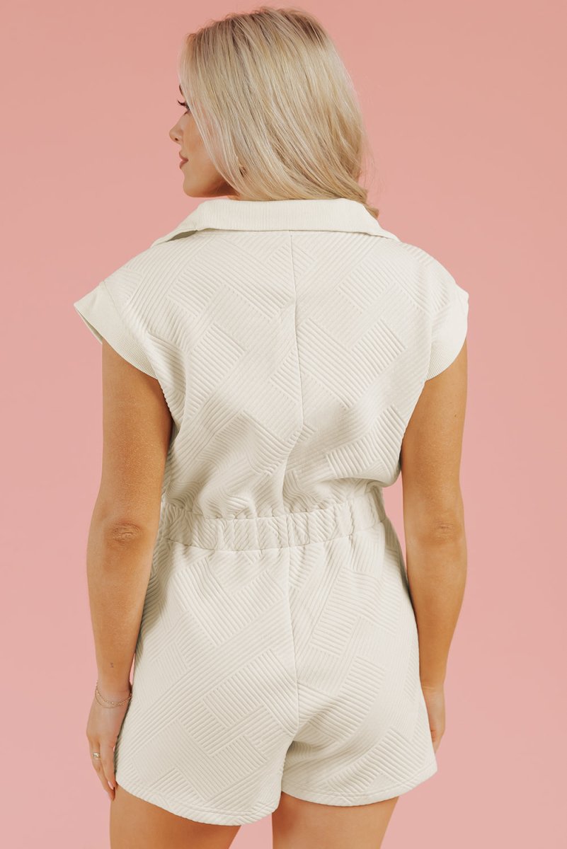 Jet Stream Textured Zipped Front V Neck Collared Romper - Love Salve