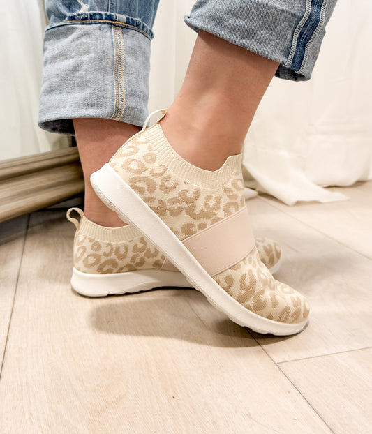 Jia Knit Sneaker Cream Leopard Wide Fit Elastic Band Naughty Monkey