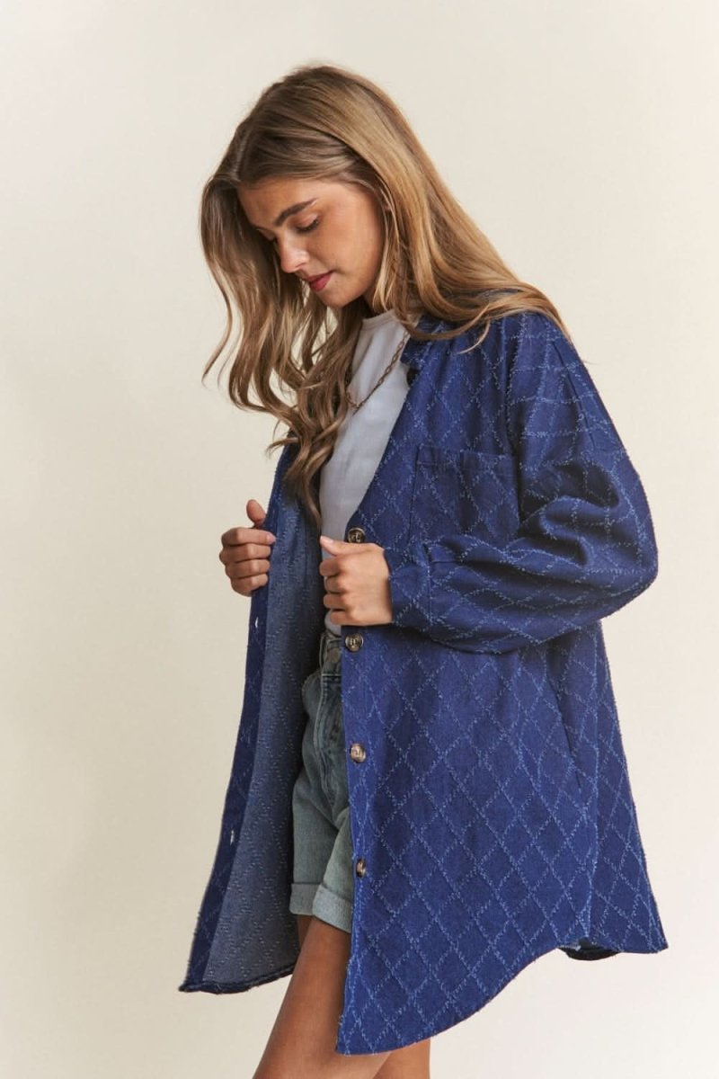 J.NNA Rhombus Stitched Button Up Denim Shacket - Love Salve