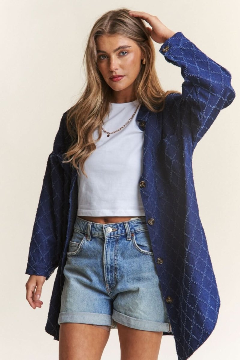 J.NNA Rhombus Stitched Button Up Denim Shacket - Love Salve