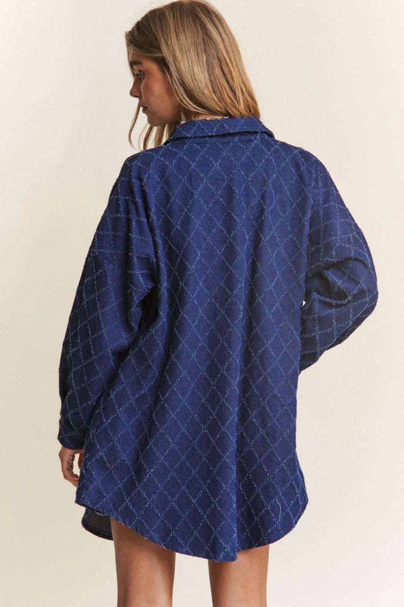 J.NNA Rhombus Stitched Button Up Denim Shacket - Love Salve