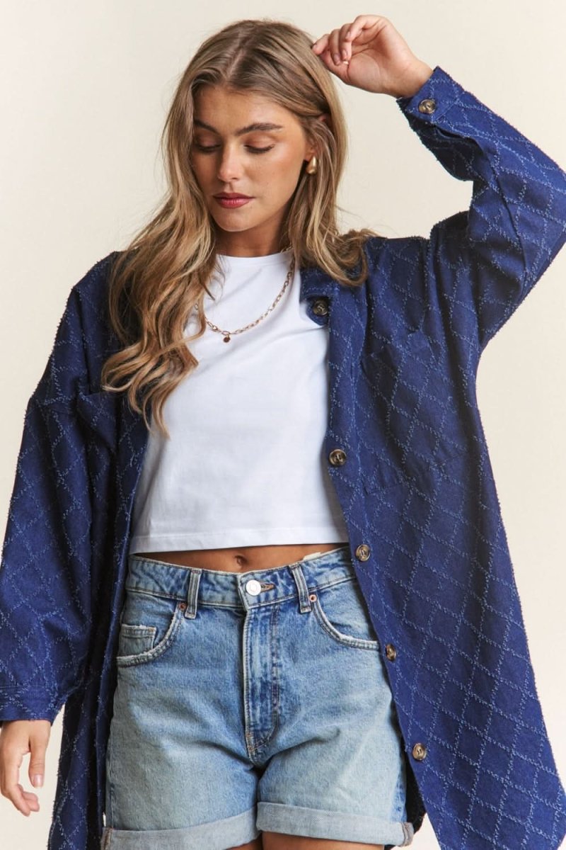 J.NNA Rhombus Stitched Button Up Denim Shacket - Love Salve