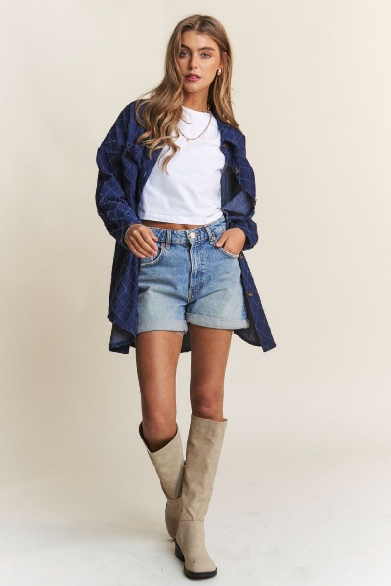 J.NNA Rhombus Stitched Button Up Denim Shacket - Love Salve