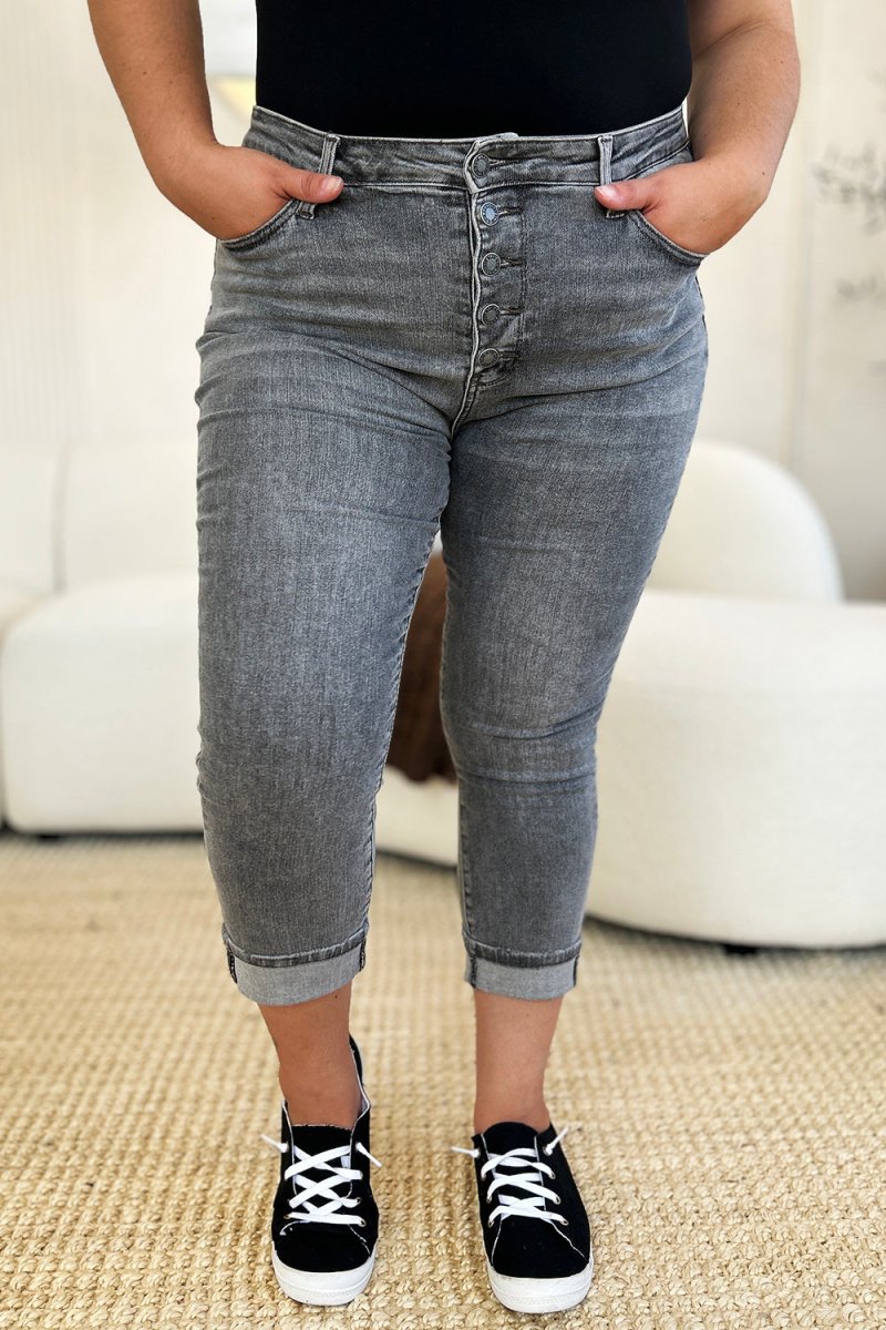 Judy Blue Full Size Button Fly High Waist Cuffed Capris - Love Salve