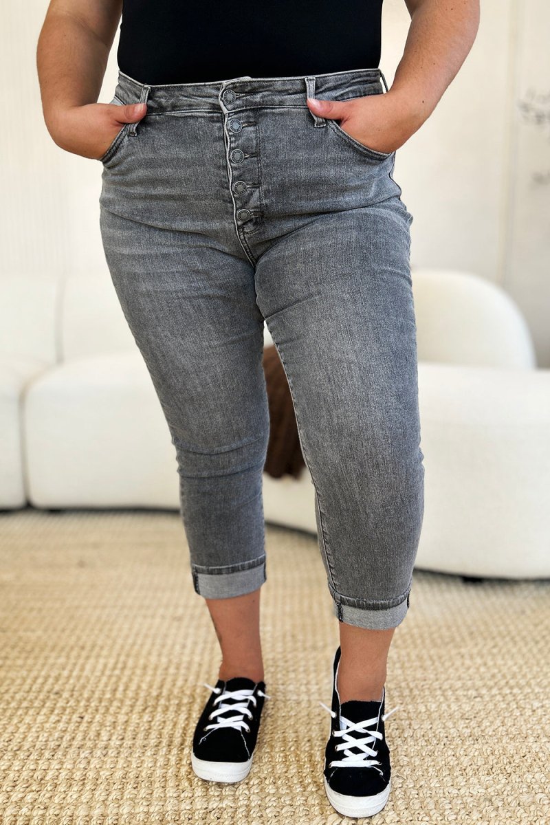 Judy Blue Full Size Button Fly High Waist Cuffed Capris - Love Salve