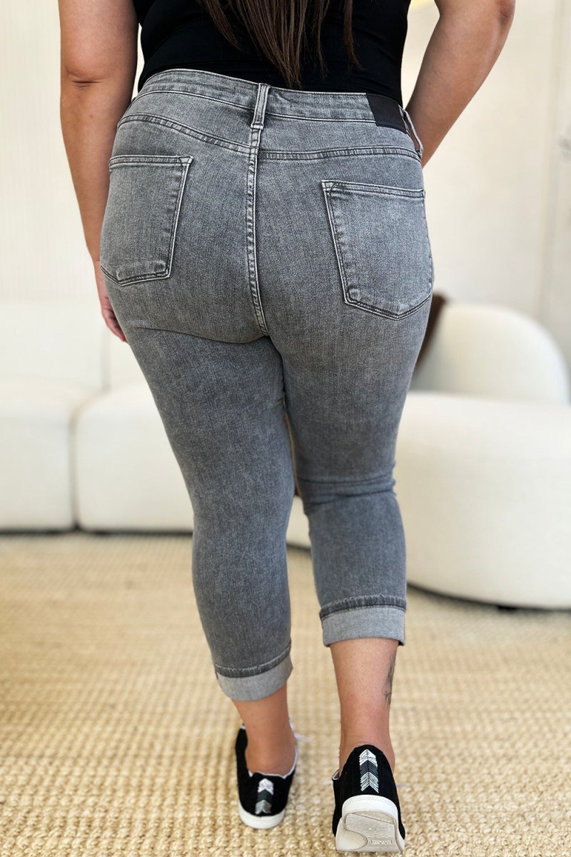 Judy Blue Full Size Button Fly High Waist Cuffed Capris - Love Salve