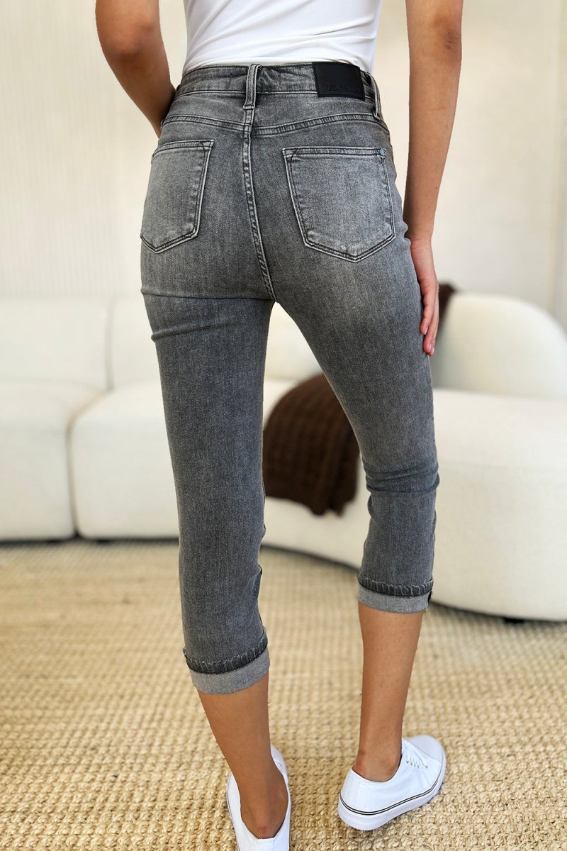Judy Blue Full Size Button Fly High Waist Cuffed Capris - Love Salve
