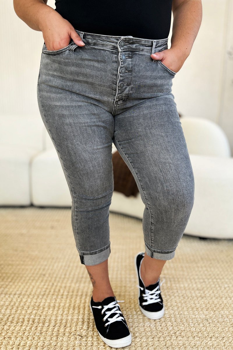 Judy Blue Full Size Button Fly High Waist Cuffed Capris - Love Salve
