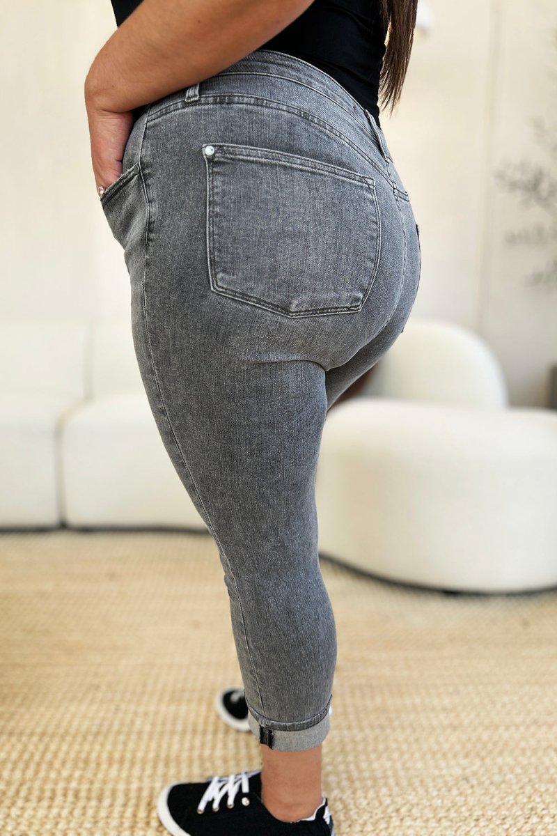 Judy Blue Full Size Button Fly High Waist Cuffed Capris - Love Salve