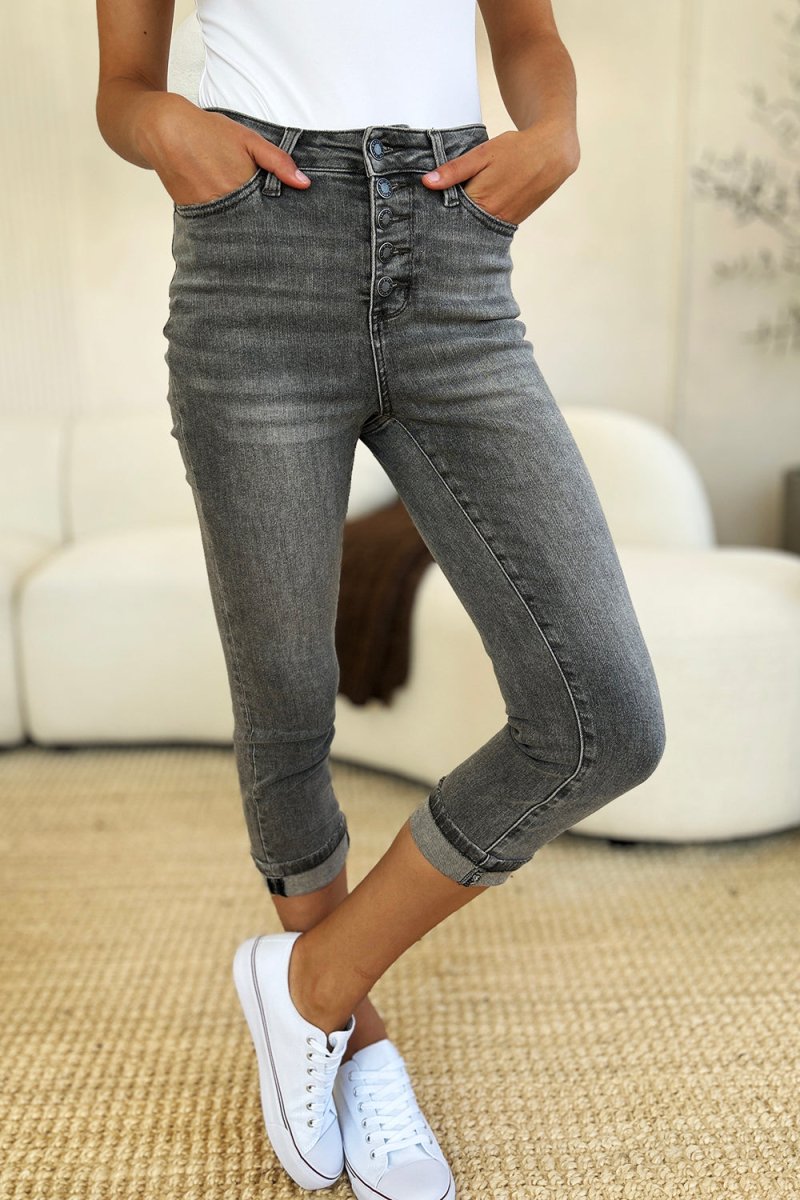 Judy Blue Full Size Button Fly High Waist Cuffed Capris - Love Salve