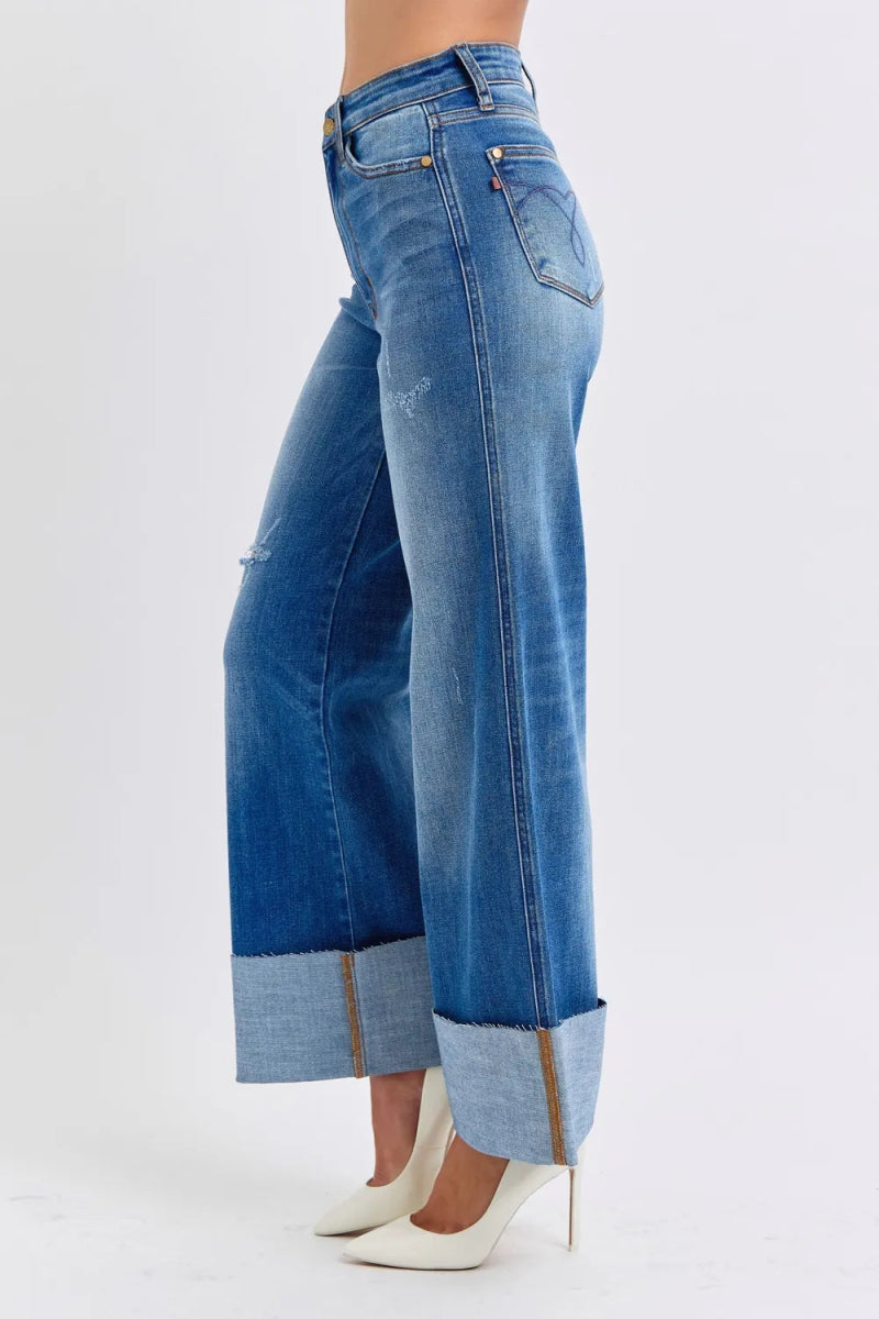Judy Blue Full Size Distressed High Waist Wide Leg Jeans - Love Salve