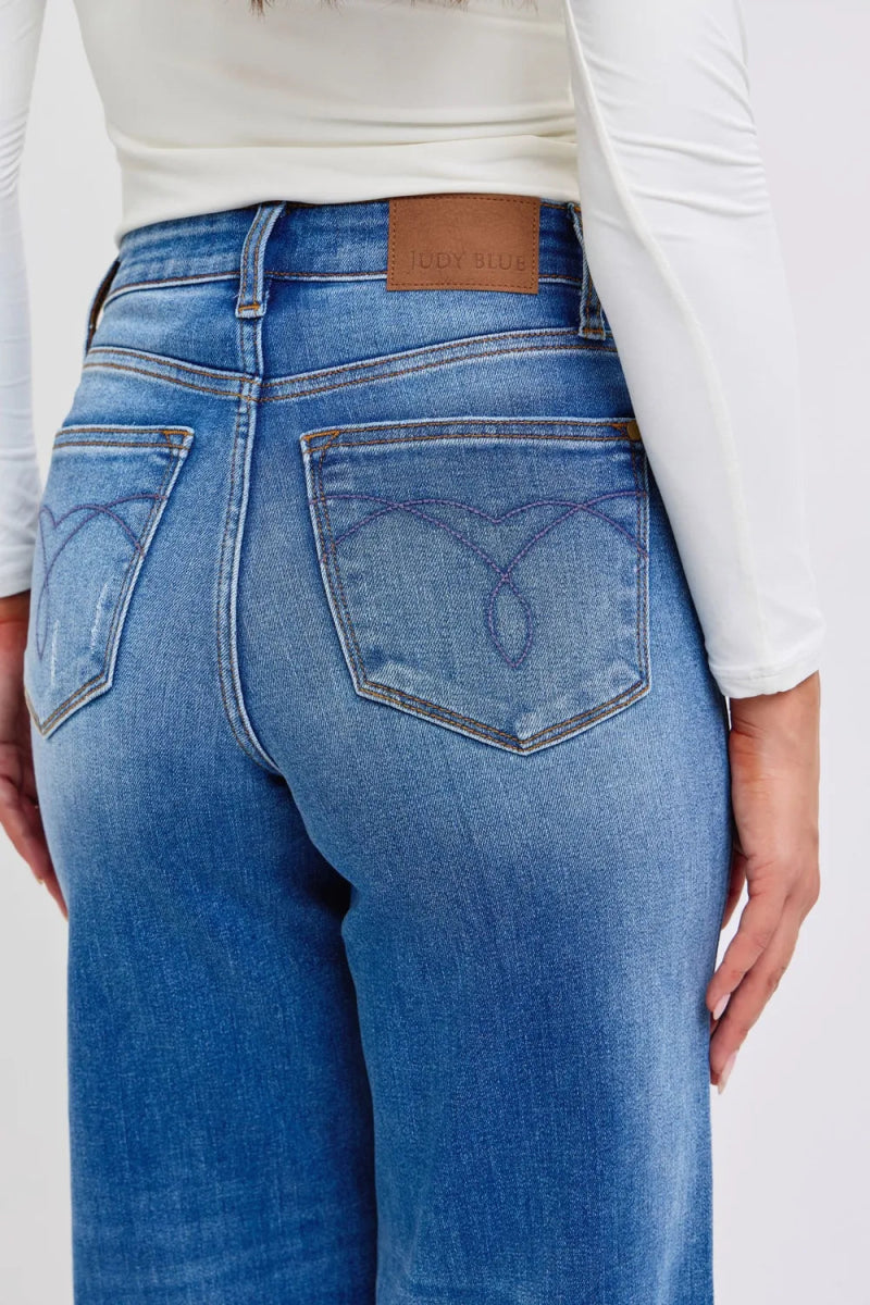 Judy Blue Full Size Distressed High Waist Wide Leg Jeans - Love Salve