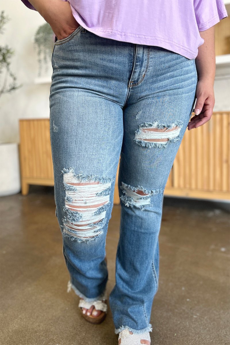 Judy Blue Full Size Distressed Raw Hem Bootcut Jeans - Love Salve