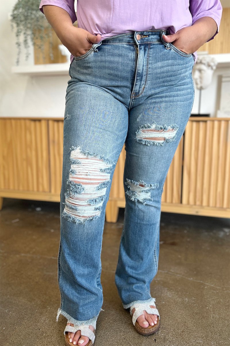 Judy Blue Full Size Distressed Raw Hem Bootcut Jeans - Love Salve