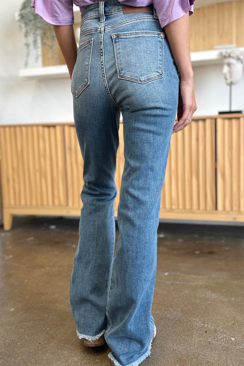Judy Blue Full Size Distressed Raw Hem Bootcut Jeans - Love Salve