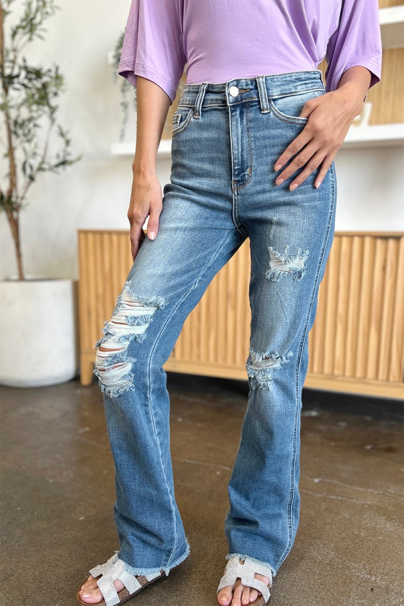 Judy Blue Full Size Distressed Raw Hem Bootcut Jeans - Love Salve