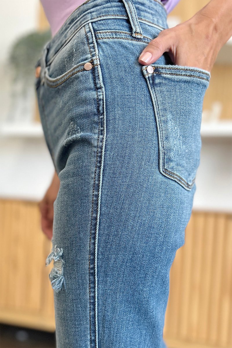 Judy Blue Full Size Distressed Raw Hem Bootcut Jeans - Love Salve