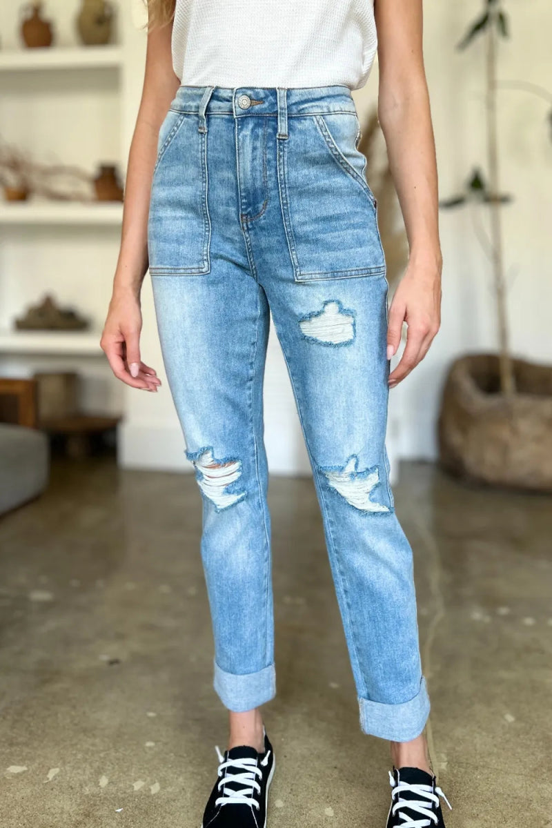 Judy Blue Full Size Distressed Straight Jeans with Patch Pockets - Love Salve
