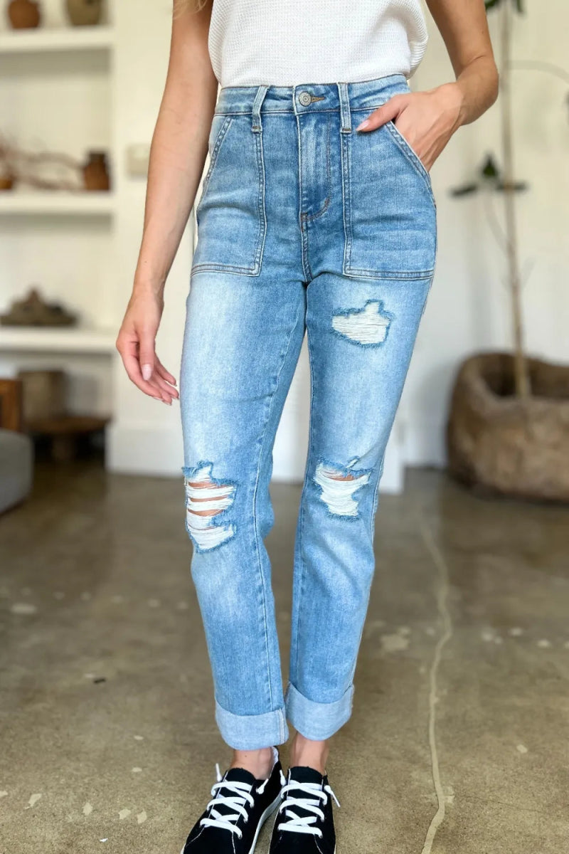 Judy Blue Full Size Distressed Straight Jeans with Patch Pockets - Love Salve