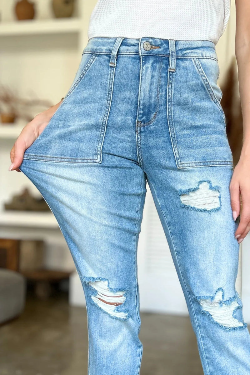 Judy Blue Full Size Distressed Straight Jeans with Patch Pockets - Love Salve