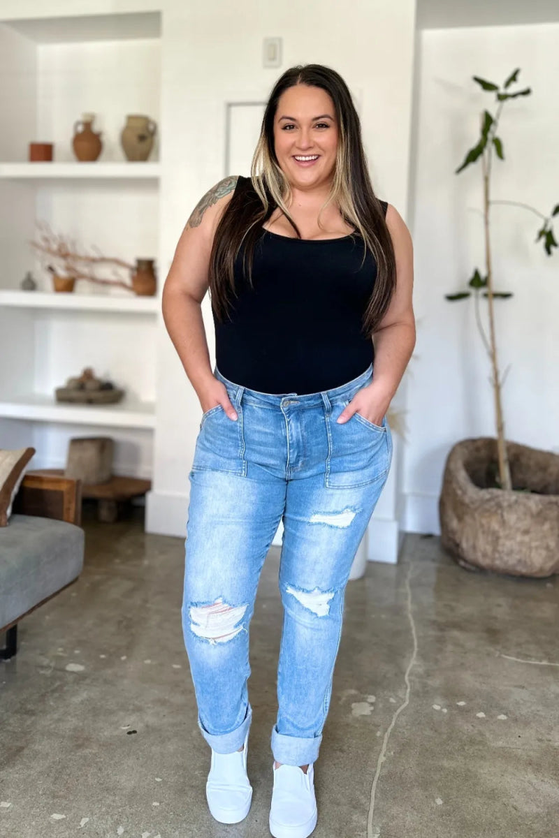 Judy Blue Full Size Distressed Straight Jeans with Patch Pockets - Love Salve