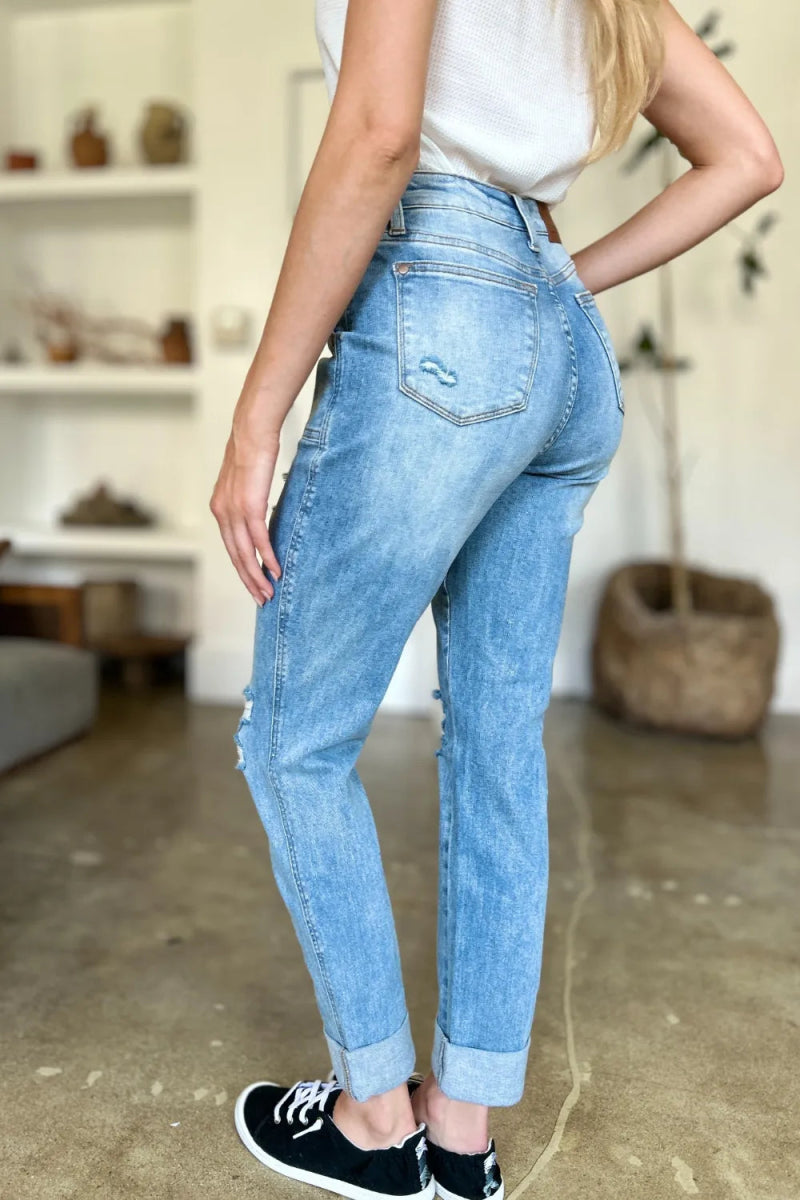 Judy Blue Full Size Distressed Straight Jeans with Patch Pockets - Love Salve