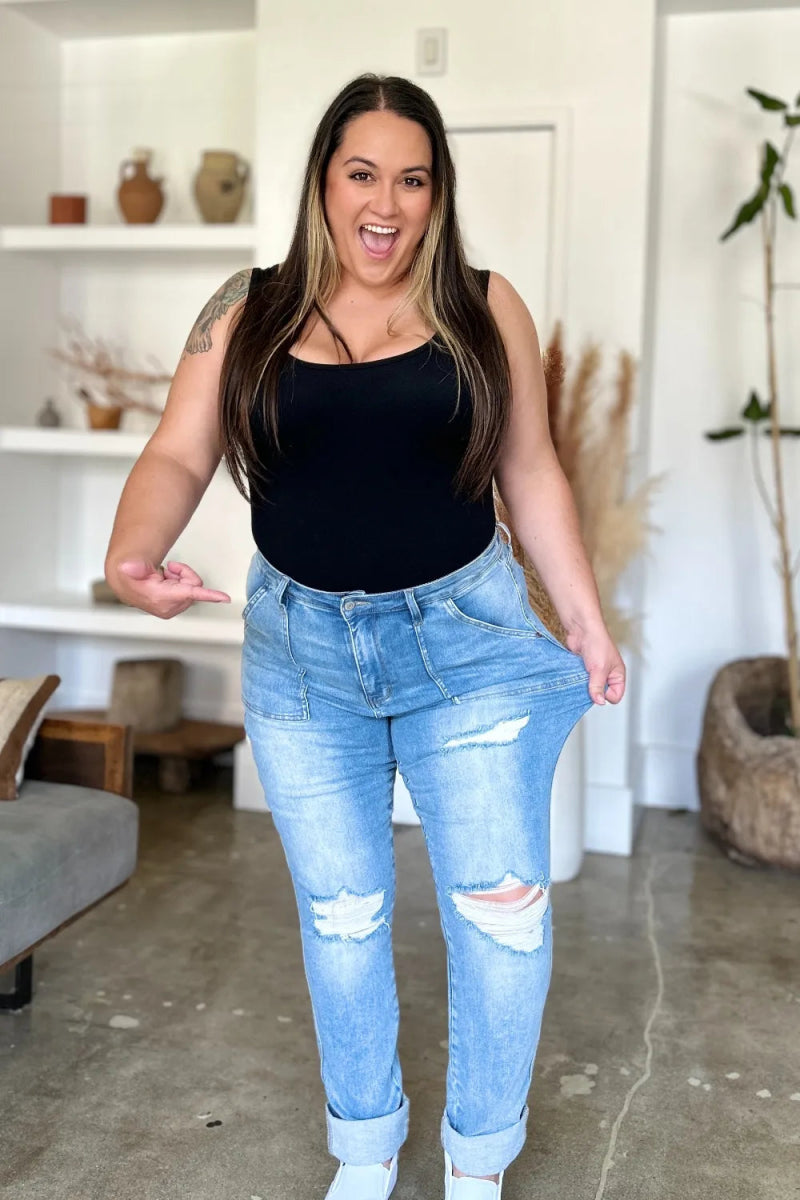 Judy Blue Full Size Distressed Straight Jeans with Patch Pockets - Love Salve