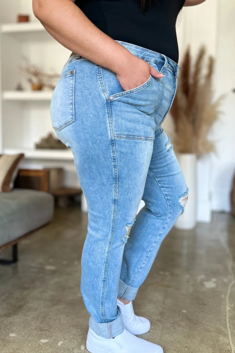 Judy Blue Full Size Distressed Straight Jeans with Patch Pockets - Love Salve
