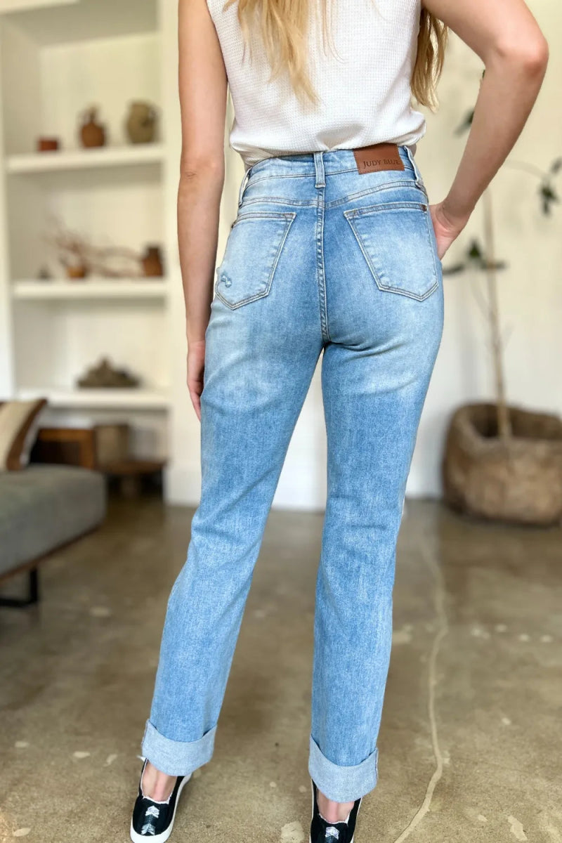 Judy Blue Full Size Distressed Straight Jeans with Patch Pockets - Love Salve